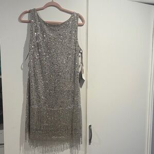 Adrianna Papell Silver Sequin Fringe Dress